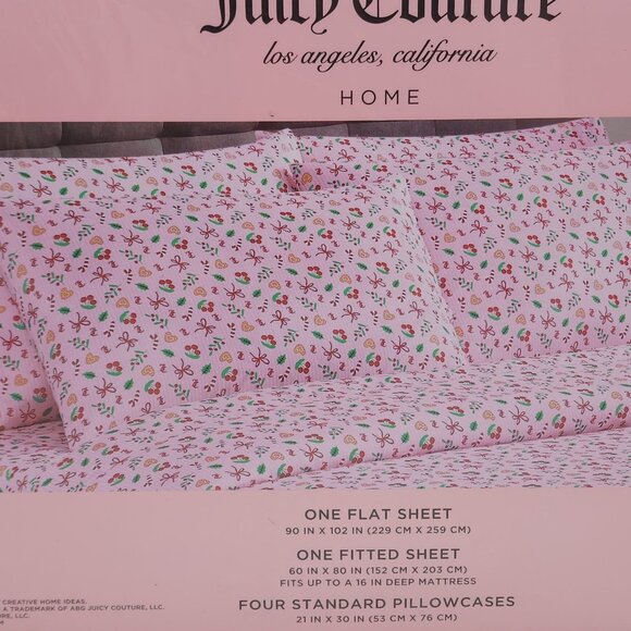 Juicy Couture Queen Sheet Set Christmas Candy Cane & Cherry Pattern Polyester - Picture 6 of 10